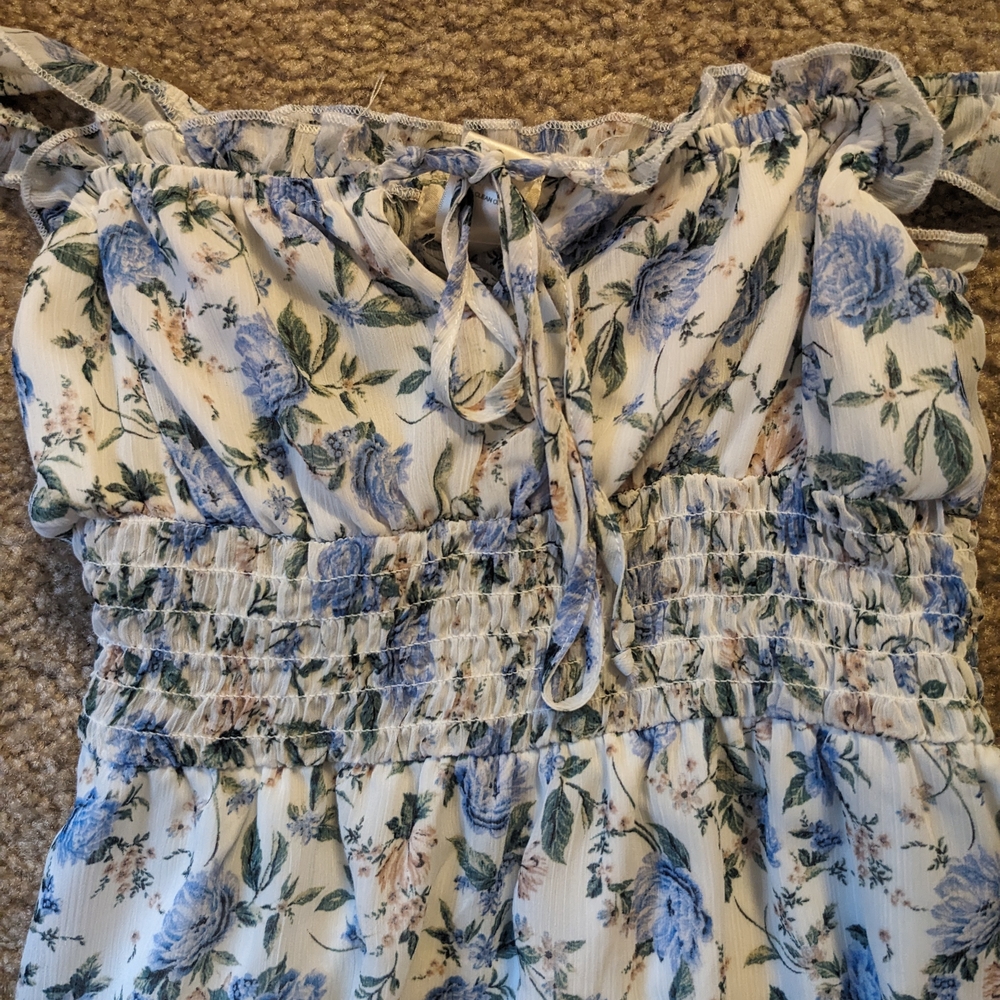 Altar'd State Blue And White Floral Ruffle Dress
